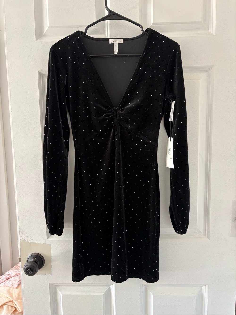 Leith Black Velvet Mini Dress with Rhinestone Dots